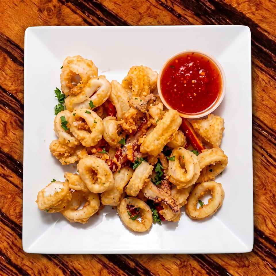 Crispy fried calamari garnished with parsley and served with red dipping sauce on a white plate.