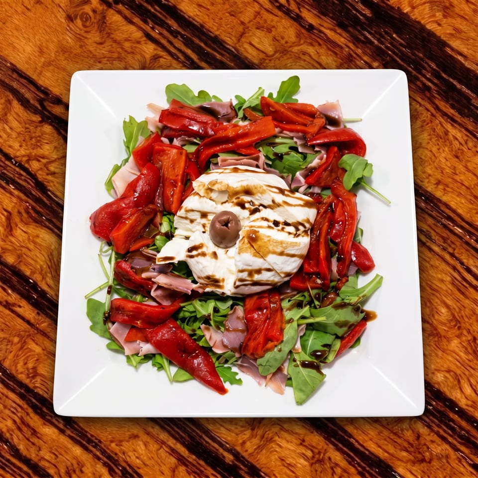 Arugula salad with roasted red peppers, prosciutto, olives, and grilled burrata drizzled with balsamic glaze on a white plate.