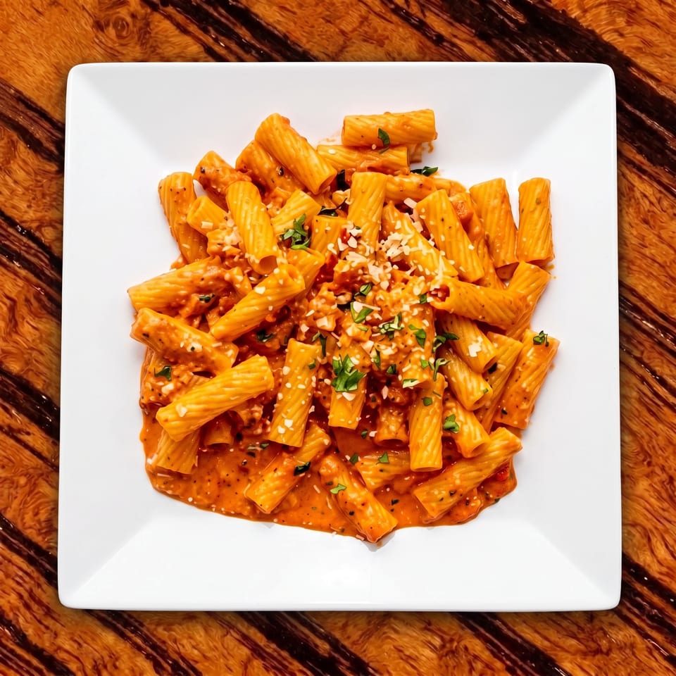 Rigatoni pasta in creamy tomato sauce, topped with grated cheese and fresh herbs on a white plate.