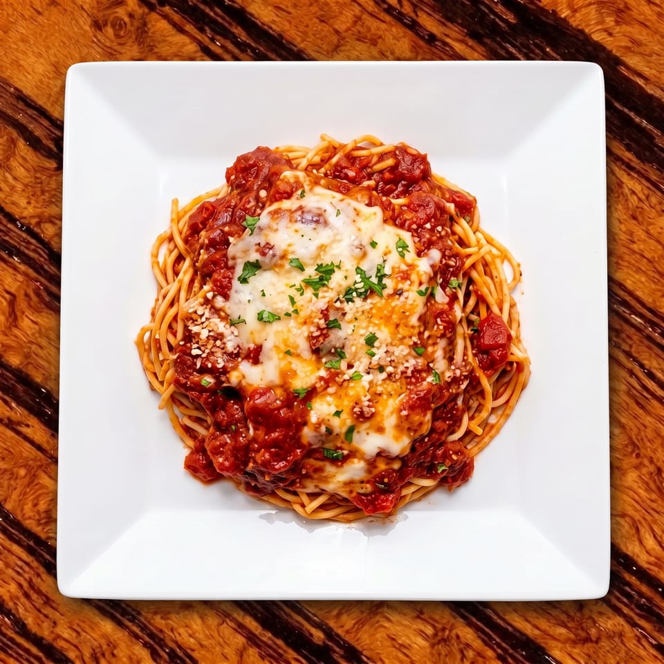 Spaghetti topped with tomato sauce, melted cheese, sesame seeds, and chopped parsley on a white square plate.