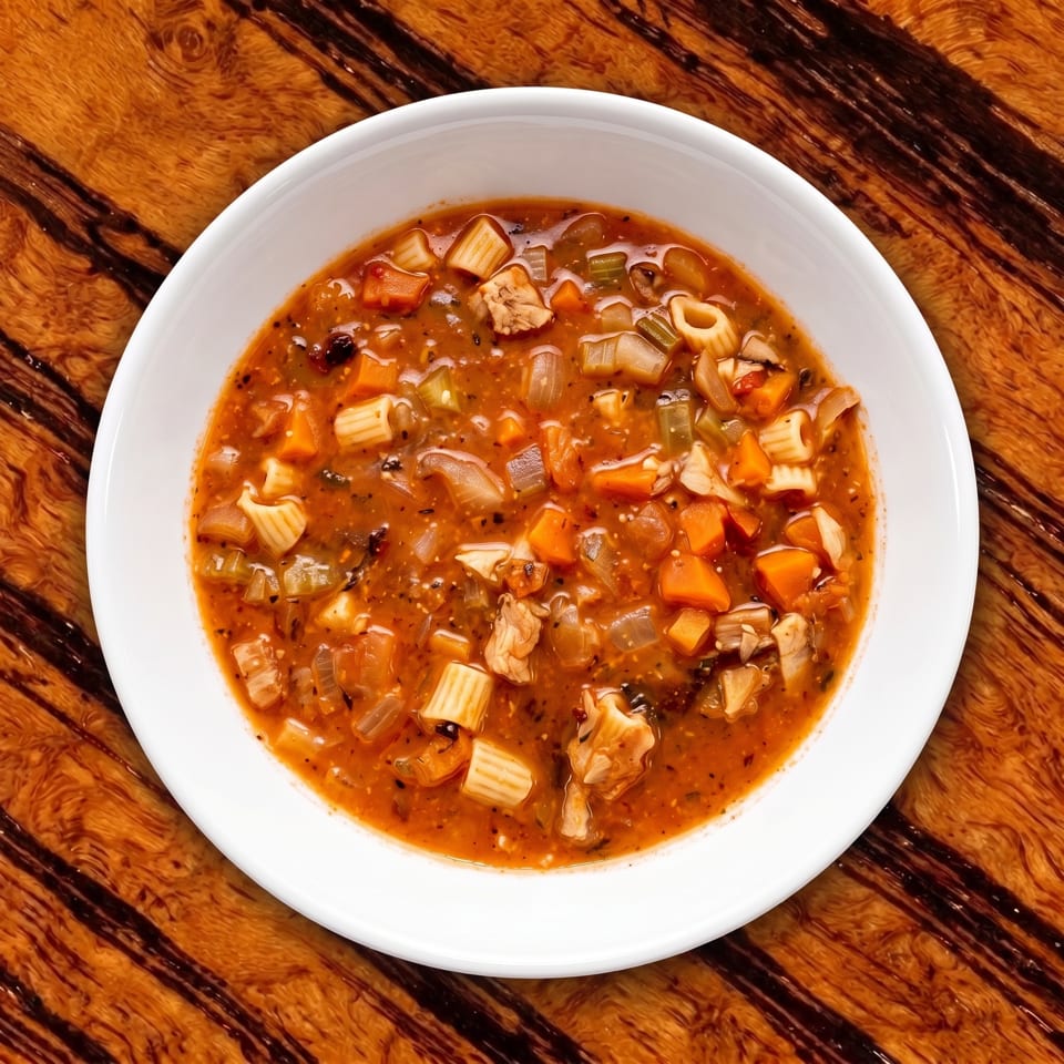 Bowl of hearty tomato soup with pasta, chicken, carrots, onions, and beans on a wooden table.