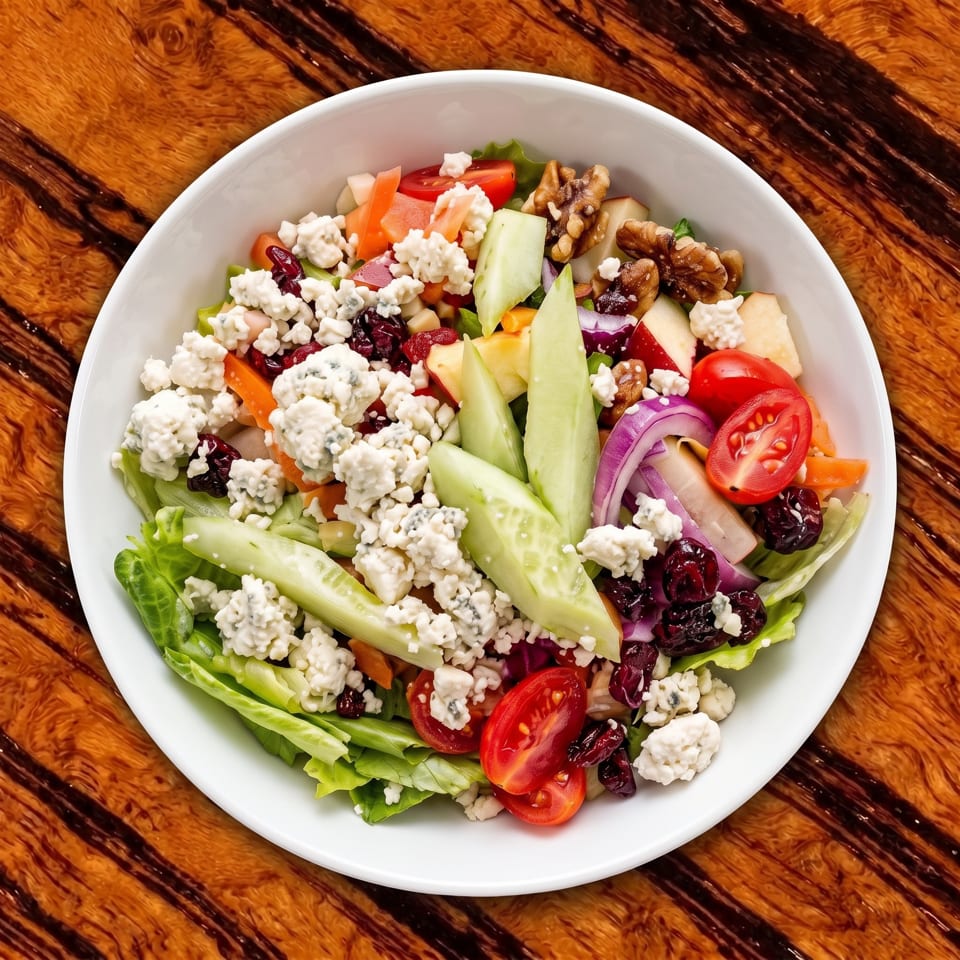 Colorful garden salad with lettuce, tomatoes, cucumbers, carrots, dried cranberries, walnuts, and crumbled blue cheese on a white plate.
